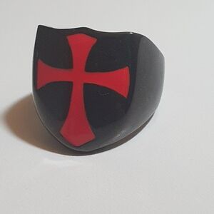 Knights Templar Shield Ring - Black Stainless Steel with Bold Red Cross- Size 12